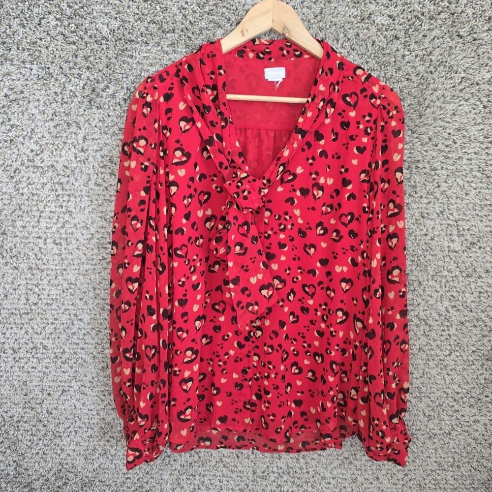 Chicos Top Womens 2 US Large Red Animal Print‎ Sheer Blouse Neck Tie Ladies